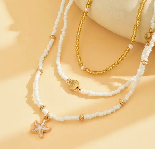 Women's Multi-Necklace Jewelry Set - Shell and Starfish Pendant, Glass Beaded Lace-Up Choker with Gold Accents, Perfect for Summer Beach Vacations, Beach Accessories|Starfish-Themed Jewelry|Glass Beaded Lace-Up Choker